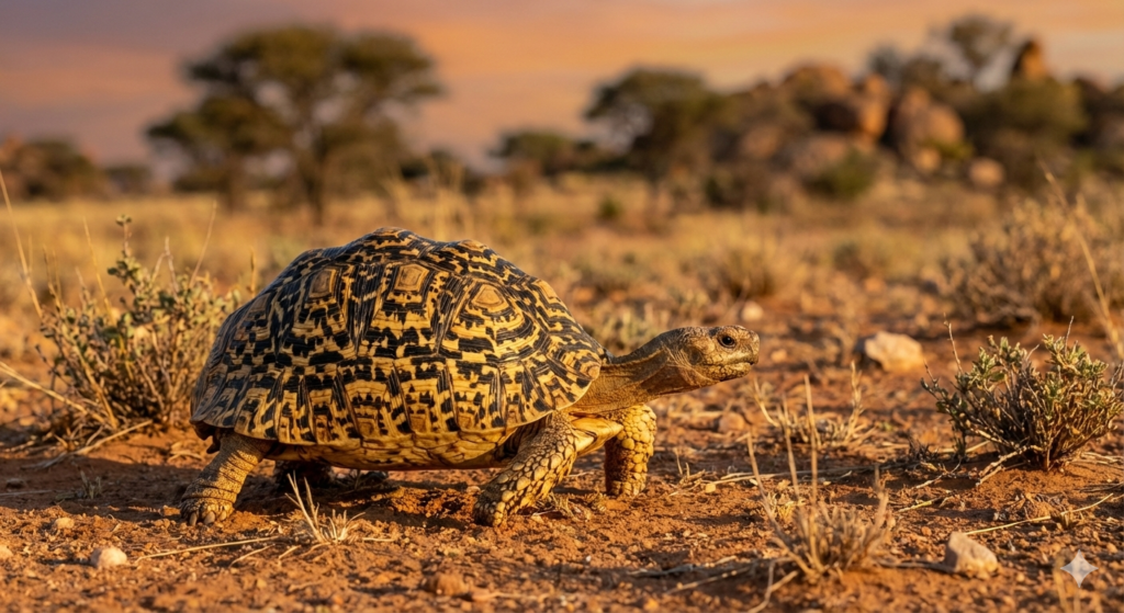 En leopardsköldpadda med leopardmönstrat skal i sitt naturliga afrikanska habitat