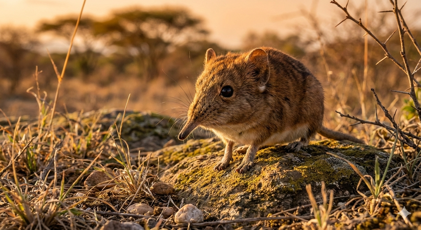 En elefantspetsmus sitter på en mossbeklädd sten i afrikansk savann